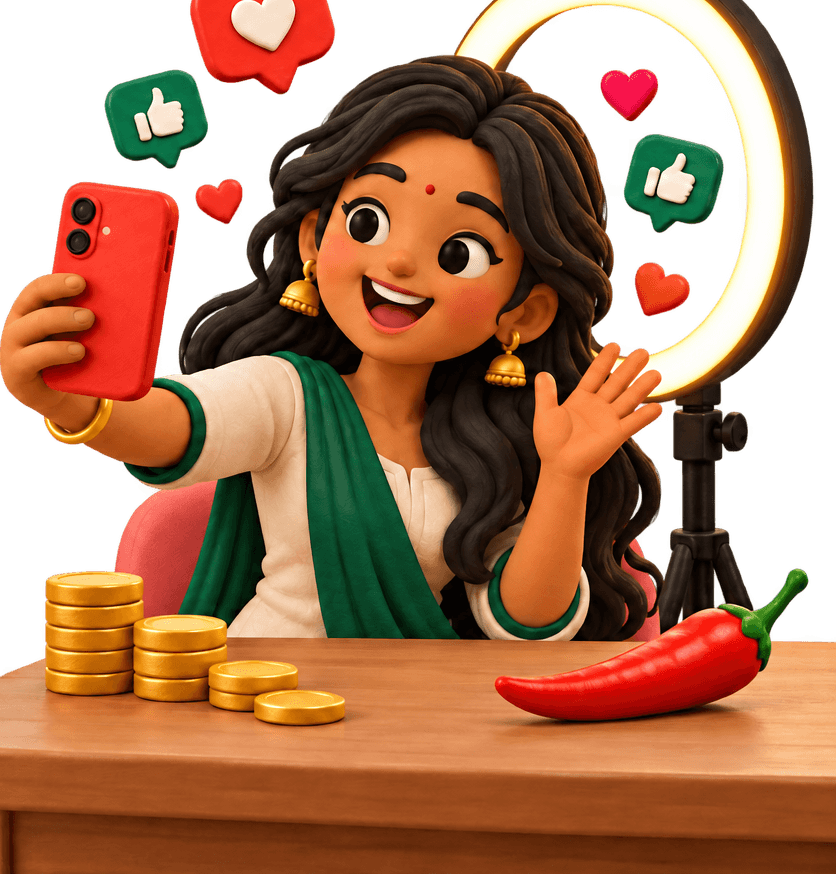 A creator filming a reel on a phone, with likes, a ring light and gold coins